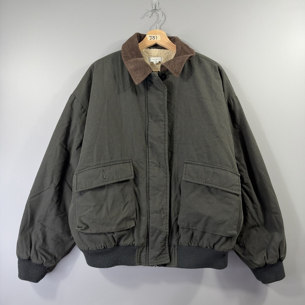 Topshop Jacket Womens Medium Wax Canvas Bomber Sherpa Lined Corduroy Collar
